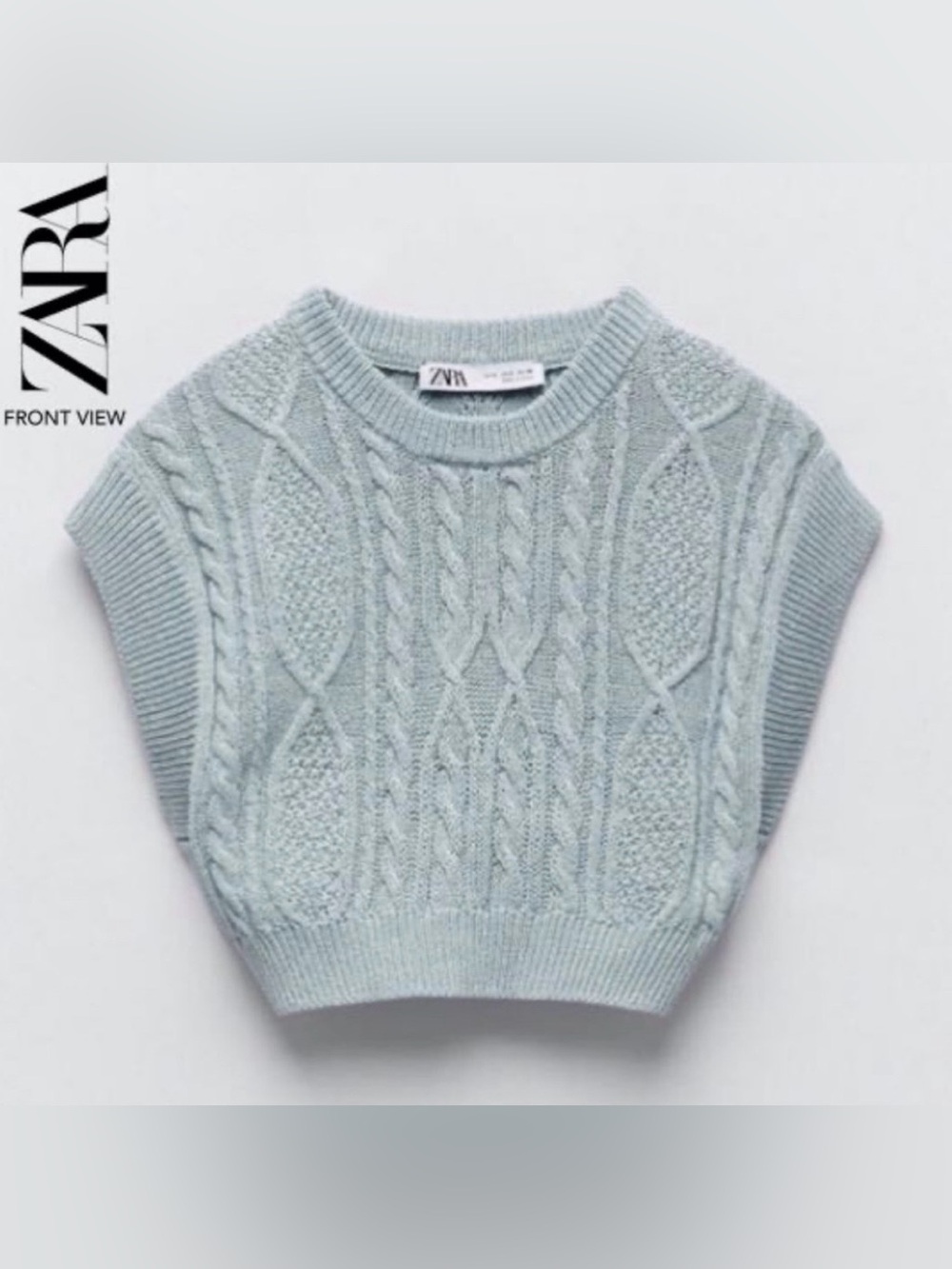 Zara Pale Blue Cable Knit Cropped Sweater Vest